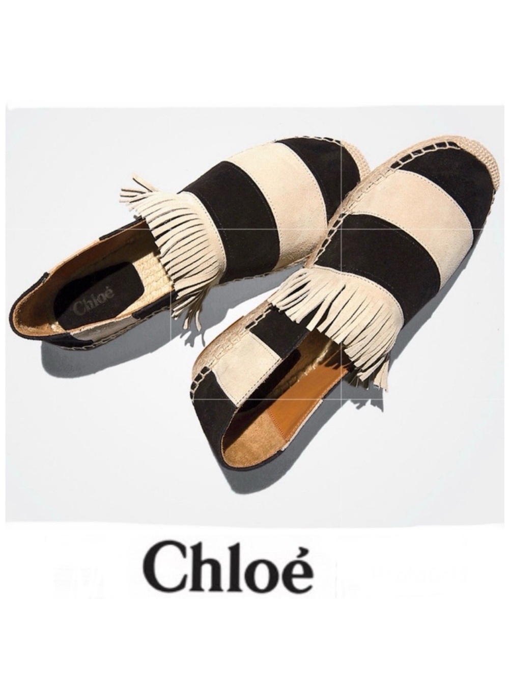 CHLOE Beige Black Suede Leather Fringe Striped Slip On Flats Espadrilles Sz 38